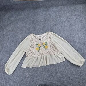 Dazey Blouse Women M Cream Crochet Lace Floral Boho Fairy Cottagecore Festival